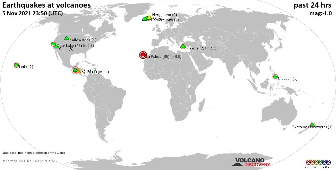 World map showing volcanoes with shallow (less than 20 km) earthquakes within 20 km radius  during the past 24 hours on  5 Nov 2021 Number in brackets indicate nr of quakes.