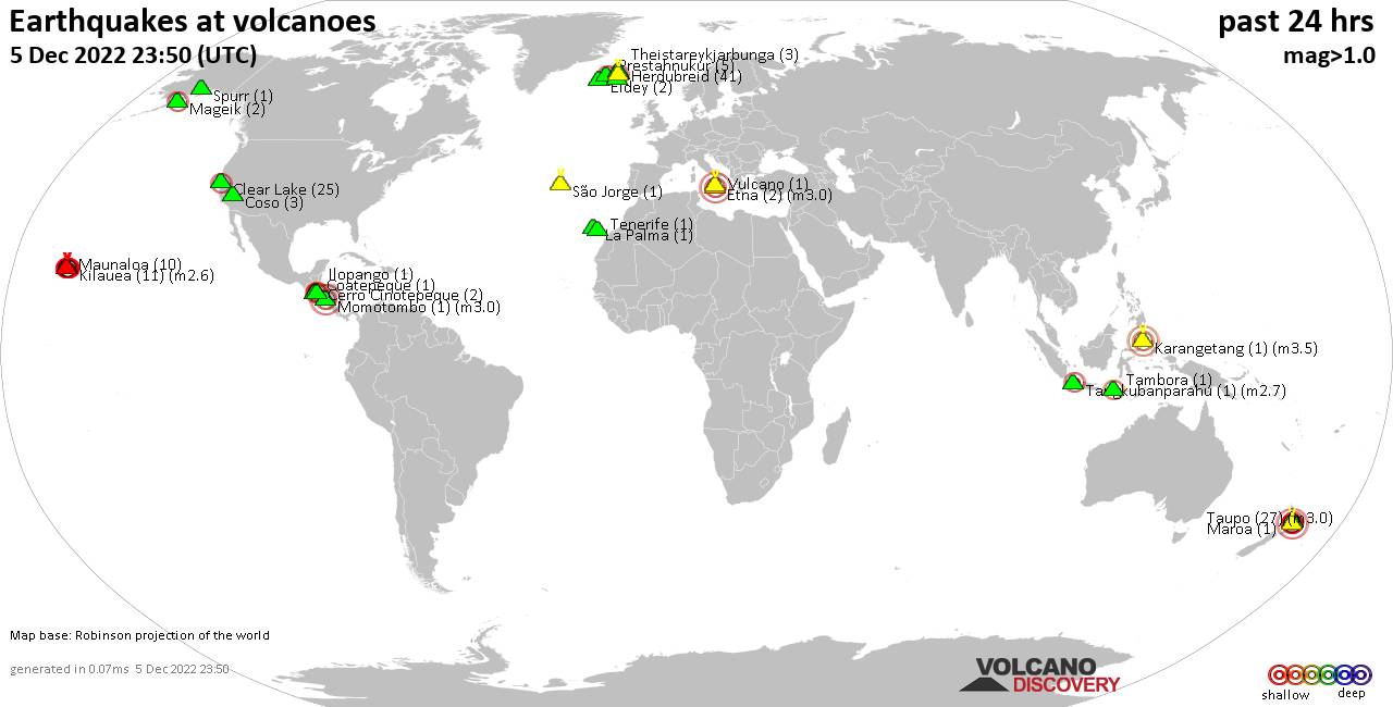 World map showing volcanoes with shallow (less than 50 km) earthquakes within 20 km radius  during the past 24 hours on  5 Dec 2022 Number in brackets indicate nr of quakes.