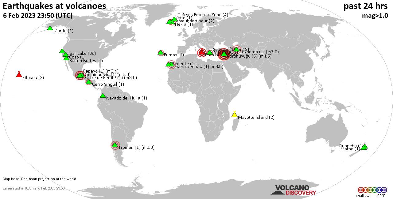 World map showing volcanoes with shallow (less than 50 km) earthquakes within 20 km radius  during the past 24 hours on  6 Feb 2023 Number in brackets indicate nr of quakes.