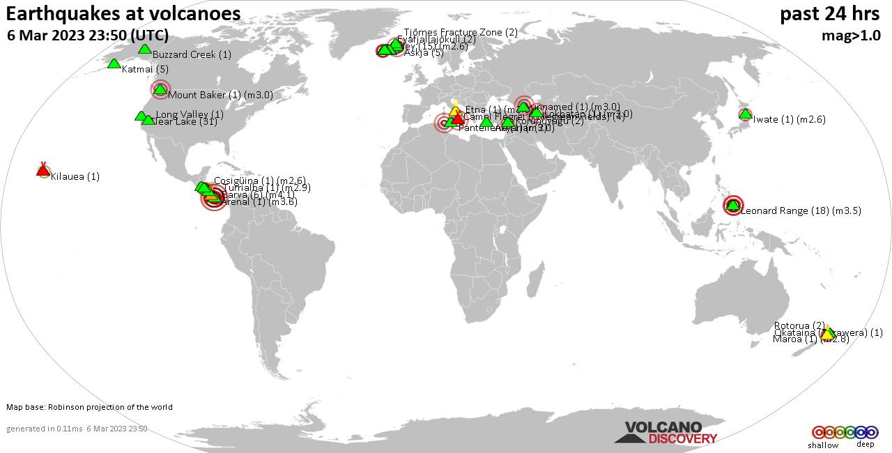 World map showing volcanoes with shallow (less than 50 km) earthquakes within 20 km radius  during the past 24 hours on  6 Mar 2023 Number in brackets indicate nr of quakes.