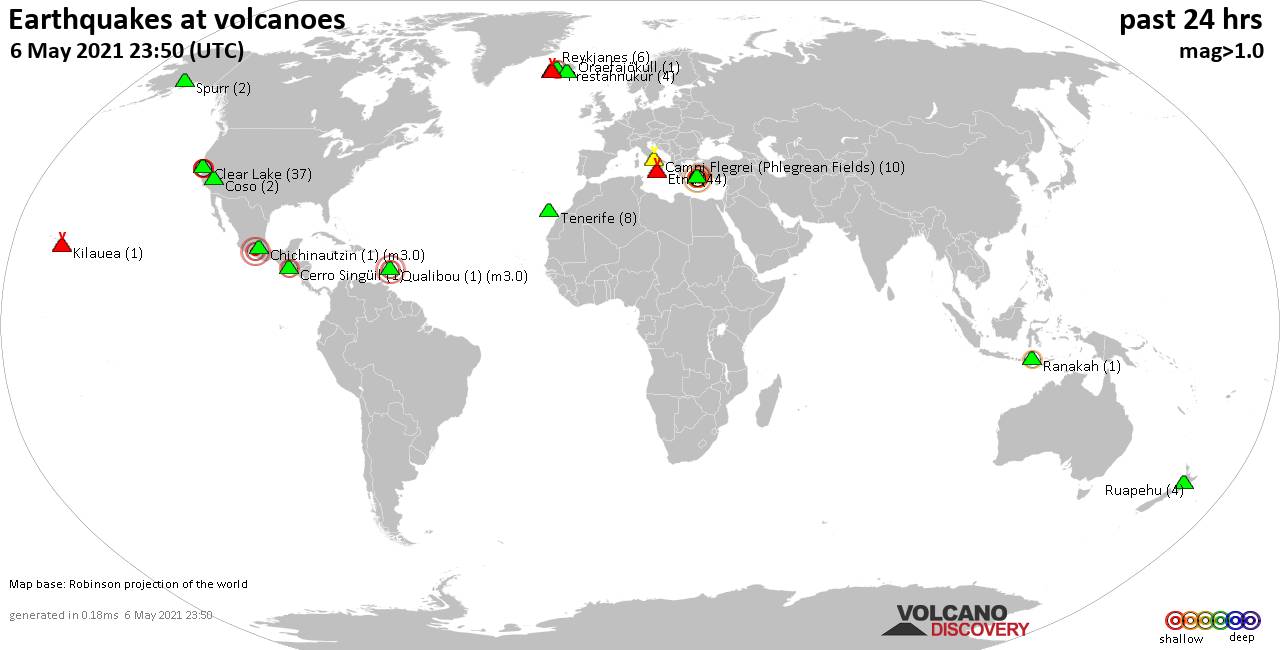 Peta dunia menunjukkan gunung berapi dengan gempa dangkal (kurang dari 20 km) dalam radius 20 km dalam 24 jam terakhir pada tanggal 6 Mei 2021, menunjukkan jumlah gempa dalam tanda kurung.
