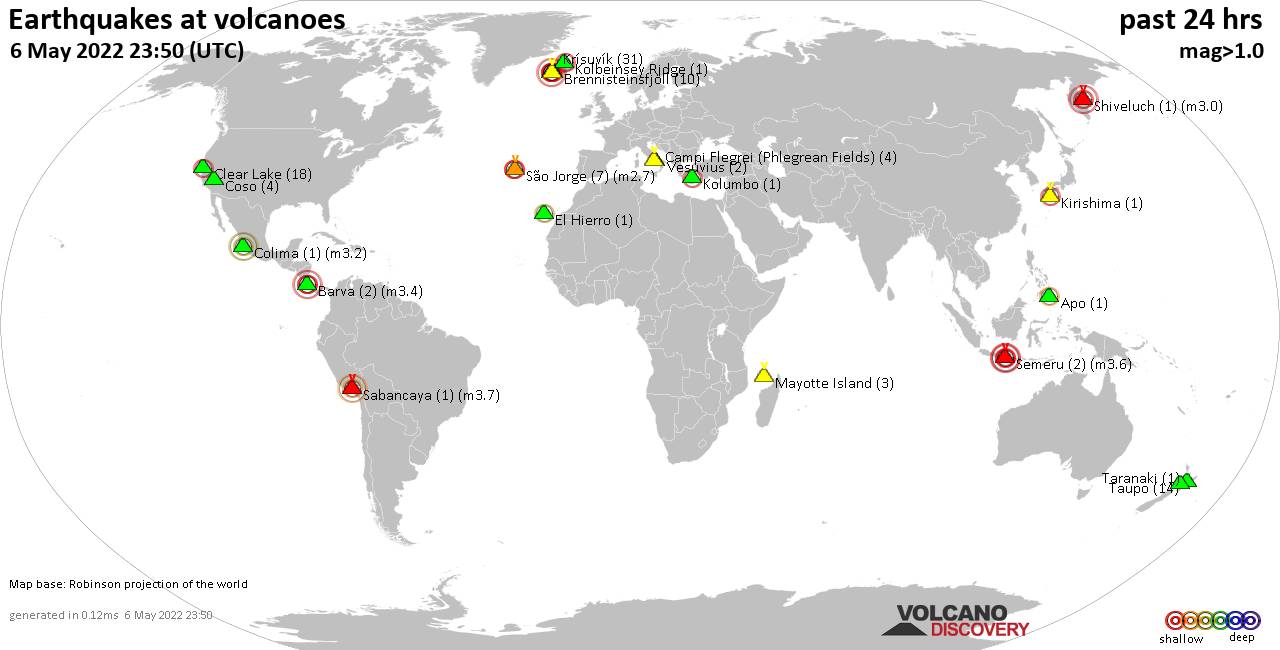 World map showing volcanoes with shallow (less than 50 km) earthquakes within 20 km radius  during the past 24 hours on  6 May 2022 Number in brackets indicate nr of quakes.