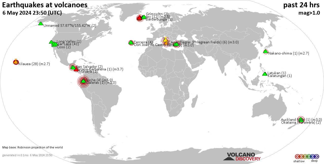 World map showing volcanoes with shallow (less than 50 km) earthquakes within 20 km radius  during the past 24 hours on  6 May 2024 Number in brackets indicate nr of quakes.