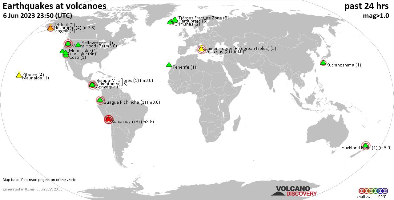 World map showing volcanoes with shallow (less than 50 km) earthquakes within 20 km radius  during the past 24 hours on  6 Jun 2023 Number in brackets indicate nr of quakes.