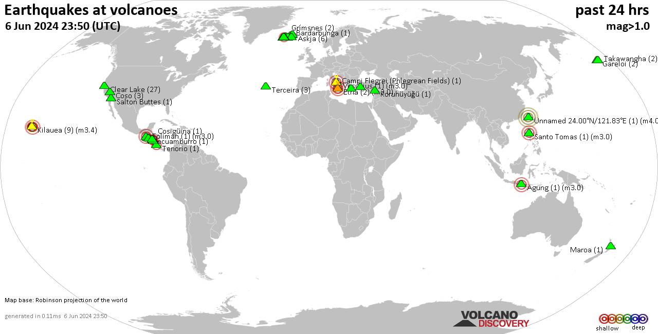 World map showing volcanoes with shallow (less than 50 km) earthquakes within 20 km radius  during the past 24 hours on  6 Jun 2024 Number in brackets indicate nr of quakes.