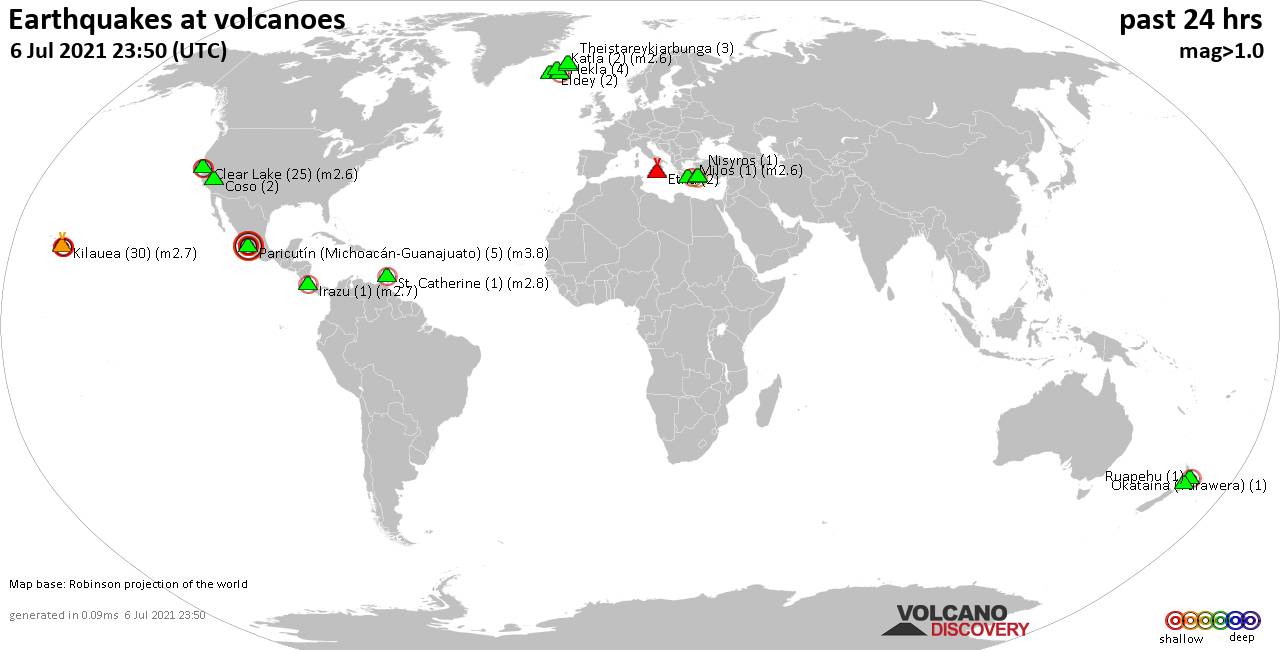 World map showing volcanoes with shallow (less than 20 km) earthquakes within 20 km radius  during the past 24 hours on  6 Jul 2021 Number in brackets indicate nr of quakes.