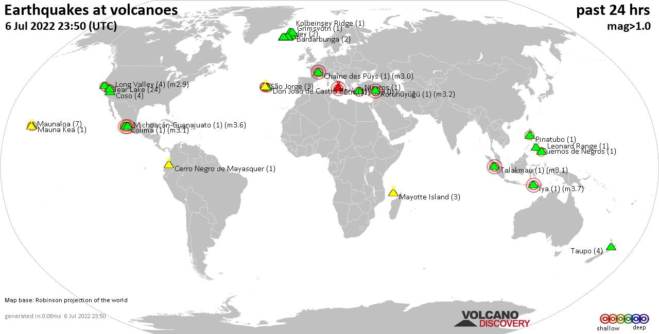 World map showing volcanoes with shallow (less than 50 km) earthquakes within 20 km radius  during the past 24 hours on  6 Jul 2022 Number in brackets indicate nr of quakes.