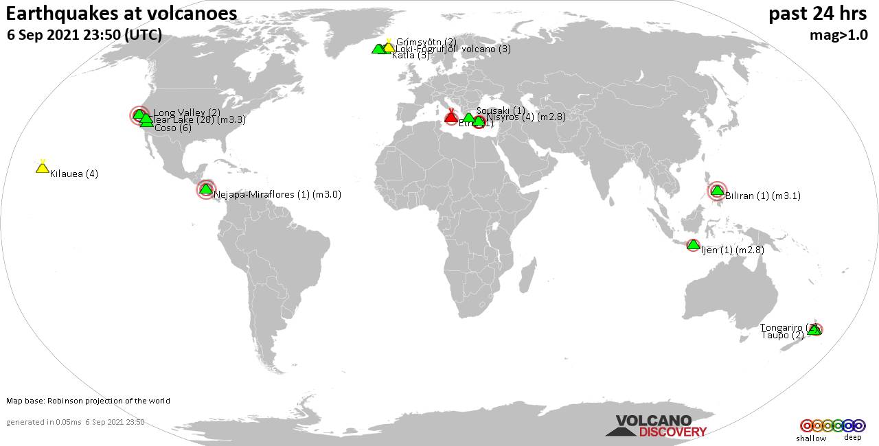 World map showing volcanoes with shallow (less than 20 km) earthquakes within 20 km radius  during the past 24 hours on  6 Sep 2021 Number in brackets indicate nr of quakes.