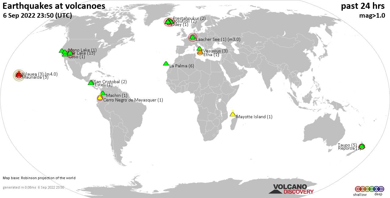 World map showing volcanoes with shallow (less than 50 km) earthquakes within 20 km radius  during the past 24 hours on  6 Sep 2022 Number in brackets indicate nr of quakes.