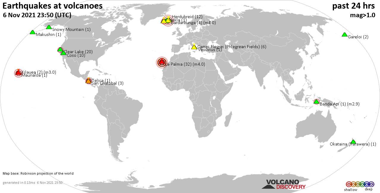 World map showing volcanoes with shallow (less than 20 km) earthquakes within 20 km radius  during the past 24 hours on  6 Nov 2021 Number in brackets indicate nr of quakes.