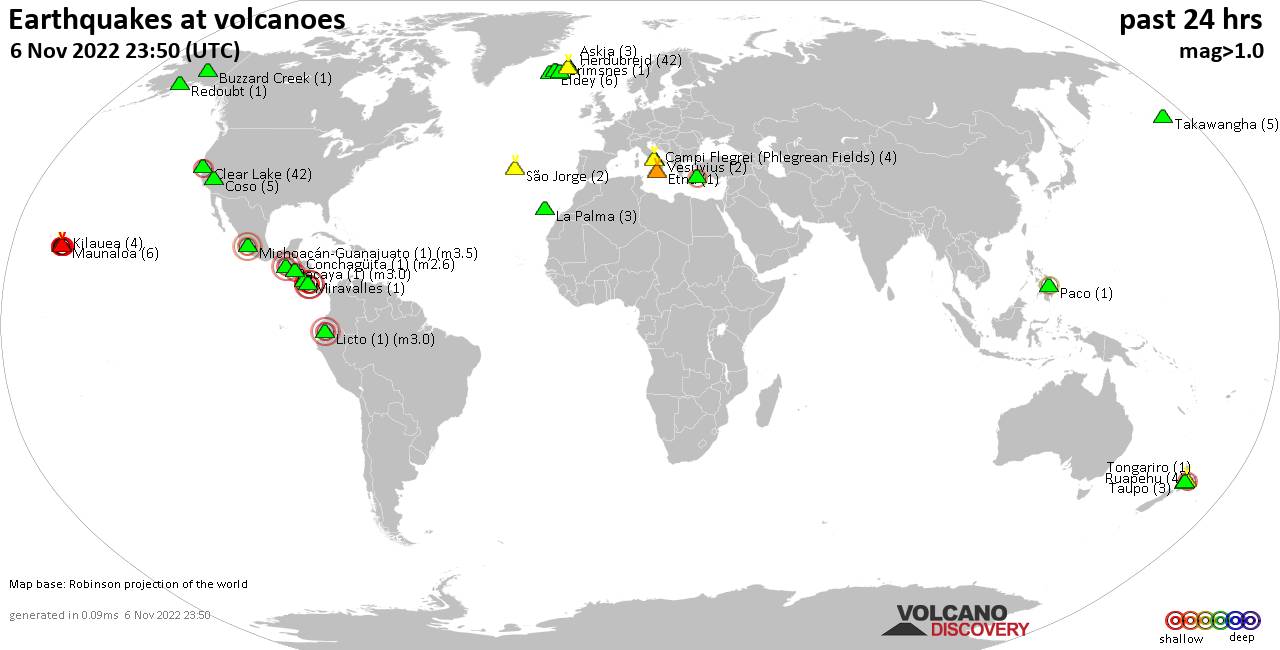 World map showing volcanoes with shallow (less than 50 km) earthquakes within 20 km radius  during the past 24 hours on  6 Nov 2022 Number in brackets indicate nr of quakes.