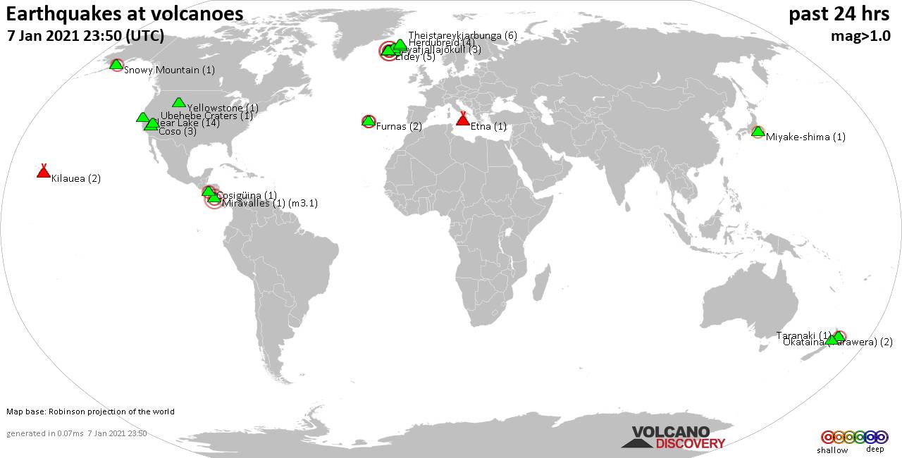 World map showing volcanoes with shallow (less than 20 km) earthquakes within 20 km radius  during the past 24 hours on  7 Jan 2021 Number in brackets indicate nr of quakes.
