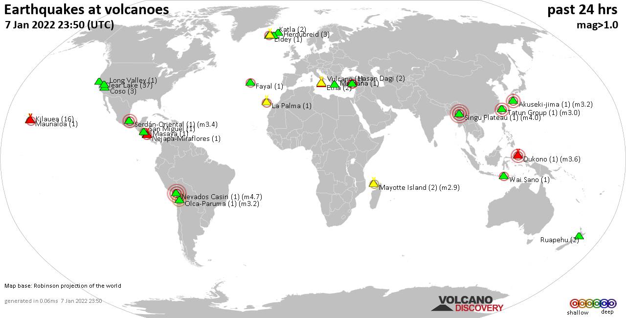 World map showing volcanoes with shallow (less than 50 km) earthquakes within 20 km radius  during the past 24 hours on  7 Jan 2022 Number in brackets indicate nr of quakes.