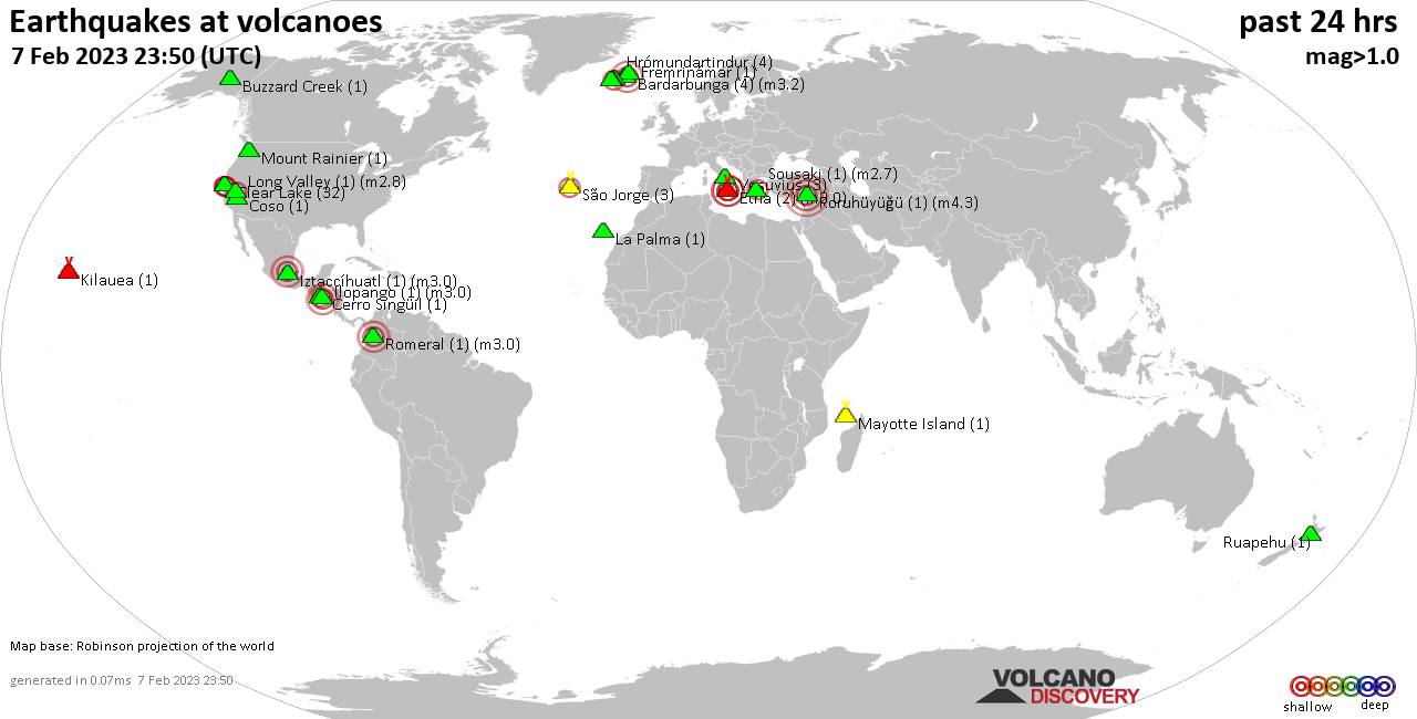 World map showing volcanoes with shallow (less than 50 km) earthquakes within 20 km radius  during the past 24 hours on  7 Feb 2023 Number in brackets indicate nr of quakes.
