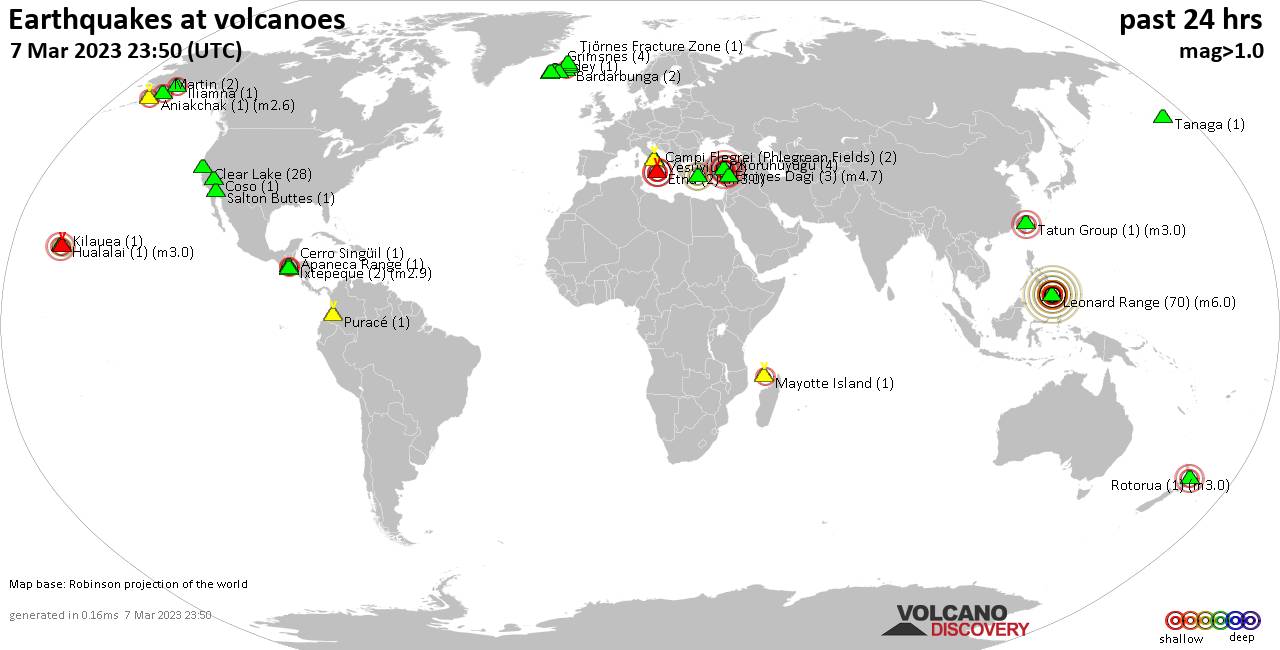 World map showing volcanoes with shallow (less than 50 km) earthquakes within 20 km radius  during the past 24 hours on  7 Mar 2023 Number in brackets indicate nr of quakes.