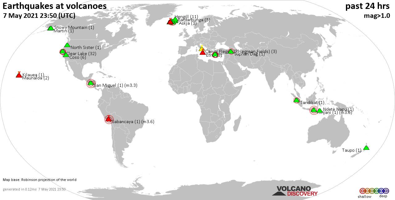 Peta dunia menunjukkan gunung berapi dengan gempa dangkal (kurang dari 20 km) dalam 24 jam terakhir pada tanggal 7 Mei 2022, menunjukkan jumlah gempa dalam tanda kurung.