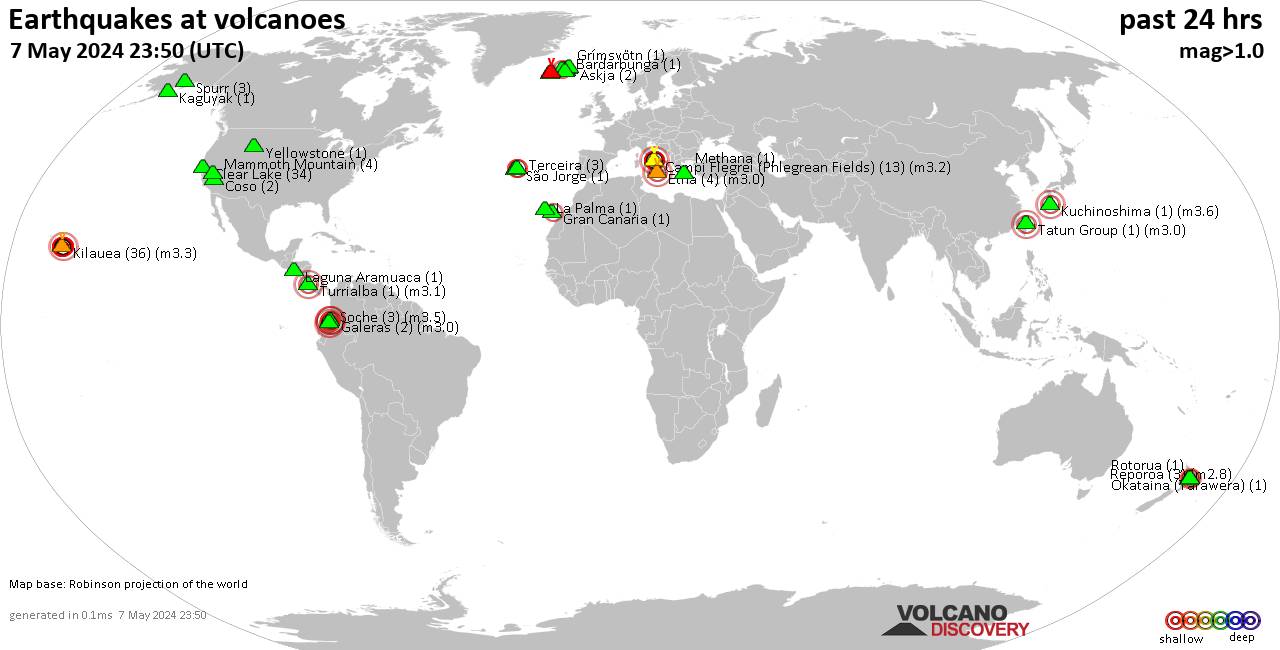World map showing volcanoes with shallow (less than 50 km) earthquakes within 20 km radius  during the past 24 hours on  7 May 2024 Number in brackets indicate nr of quakes.