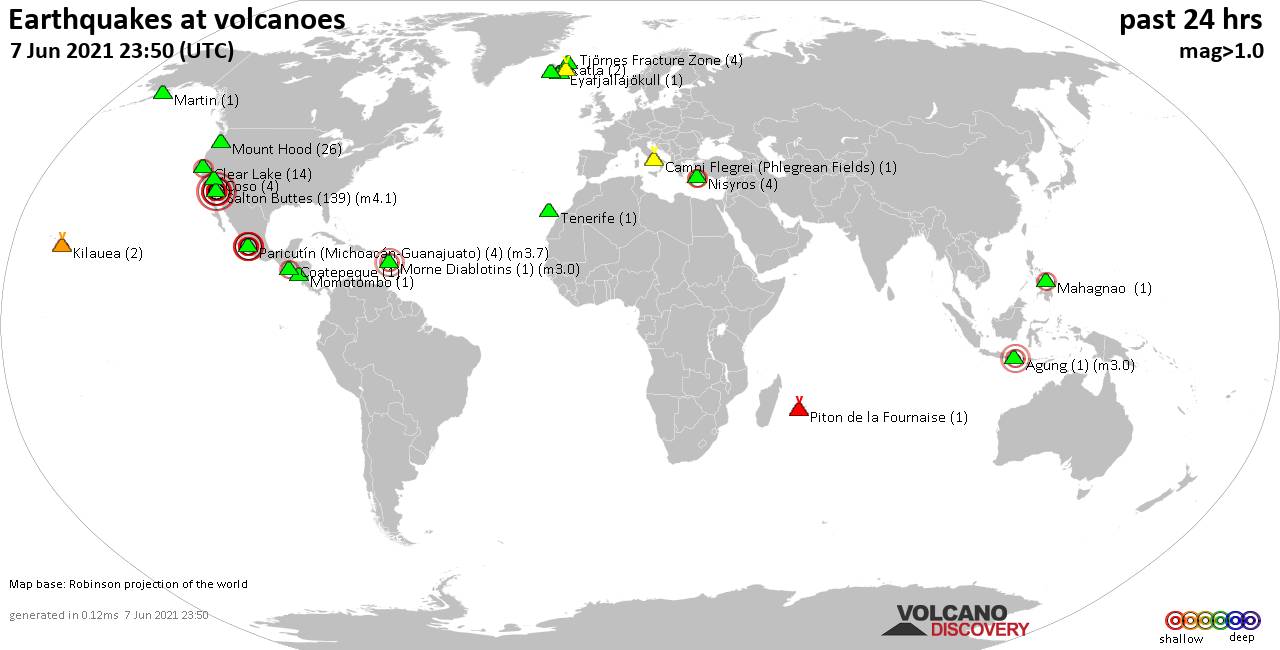World map showing volcanoes with shallow (less than 20 km) earthquakes within 20 km radius  during the past 24 hours on  7 Jun 2021 Number in brackets indicate nr of quakes.