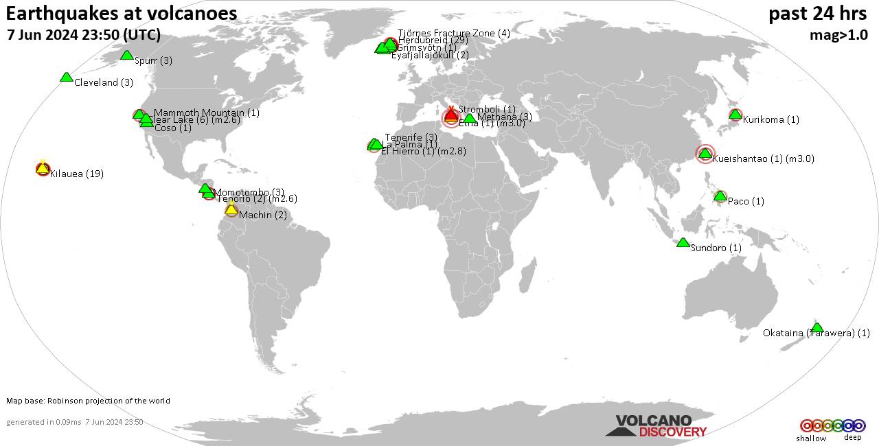 World map showing volcanoes with shallow (less than 50 km) earthquakes within 20 km radius  during the past 24 hours on  7 Jun 2024 Number in brackets indicate nr of quakes.