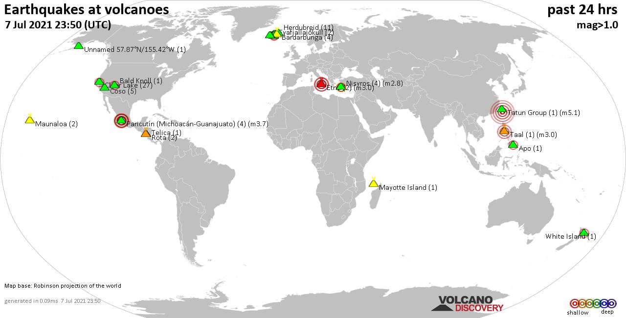 World map showing volcanoes with shallow (less than 20 km) earthquakes within 20 km radius  during the past 24 hours on  7 Jul 2021 Number in brackets indicate nr of quakes.