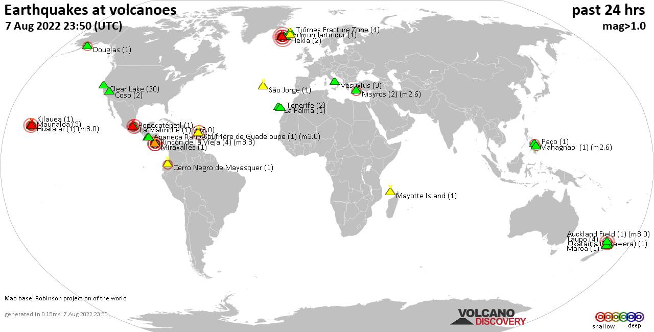 World map showing volcanoes with shallow (less than 50 km) earthquakes within 20 km radius  during the past 24 hours on  7 Aug 2022 Number in brackets indicate nr of quakes.