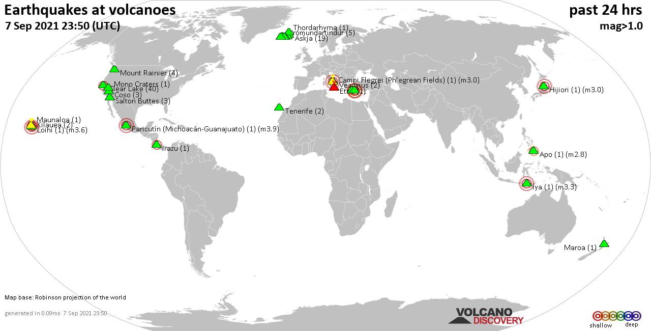 World map showing volcanoes with shallow (less than 20 km) earthquakes within 20 km radius  during the past 24 hours on  7 Sep 2021 Number in brackets indicate nr of quakes.