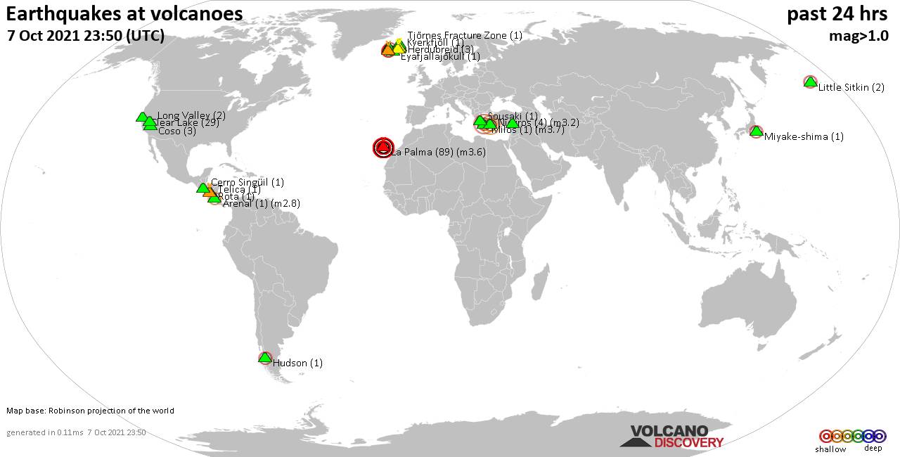 World map showing volcanoes with shallow (less than 20 km) earthquakes within 20 km radius  during the past 24 hours on  7 Oct 2021 Number in brackets indicate nr of quakes.
