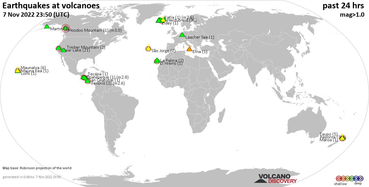 World map showing volcanoes with shallow (less than 50 km) earthquakes within 20 km radius  during the past 24 hours on  7 Nov 2022 Number in brackets indicate nr of quakes.