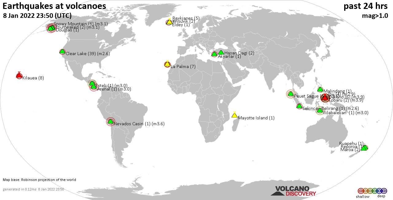 World map showing volcanoes with shallow (less than 50 km) earthquakes within 20 km radius  during the past 24 hours on  8 Jan 2022 Number in brackets indicate nr of quakes.