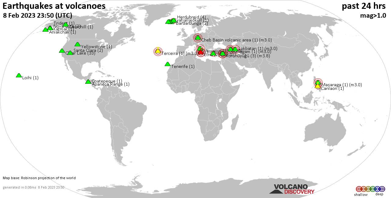 World map showing volcanoes with shallow (less than 50 km) earthquakes within 20 km radius  during the past 24 hours on  8 Feb 2023 Number in brackets indicate nr of quakes.