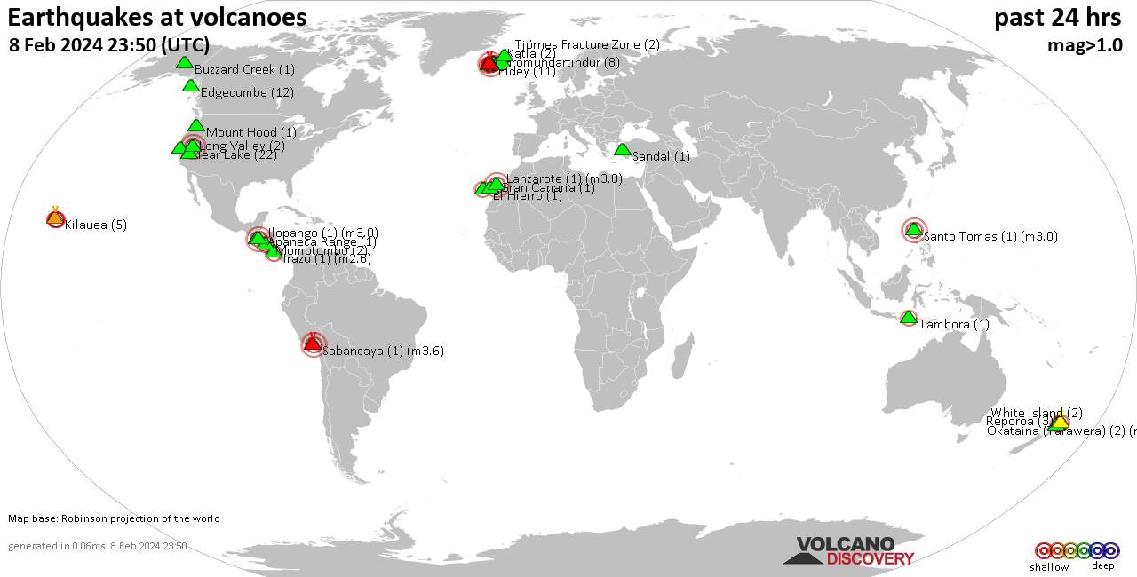 World map showing volcanoes with shallow (less than 50 km) earthquakes within 20 km radius  during the past 24 hours on  8 Feb 2024 Number in brackets indicate nr of quakes.