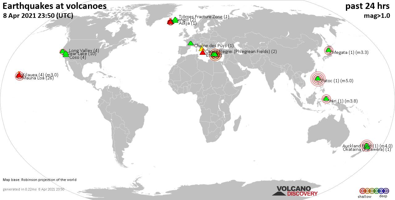 World map showing volcanoes with shallow (less than 20 km) earthquakes within 20 km radius  during the past 24 hours on  8 Apr 2021 Number in brackets indicate nr of quakes.
