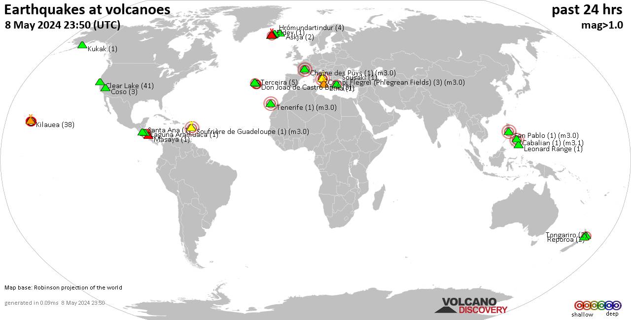 World map showing volcanoes with shallow (less than 50 km) earthquakes within 20 km radius  during the past 24 hours on  8 May 2024 Number in brackets indicate nr of quakes.