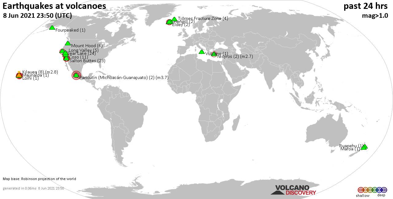World map showing volcanoes with shallow (less than 20 km) earthquakes within 20 km radius  during the past 24 hours on  8 Jun 2021 Number in brackets indicate nr of quakes.