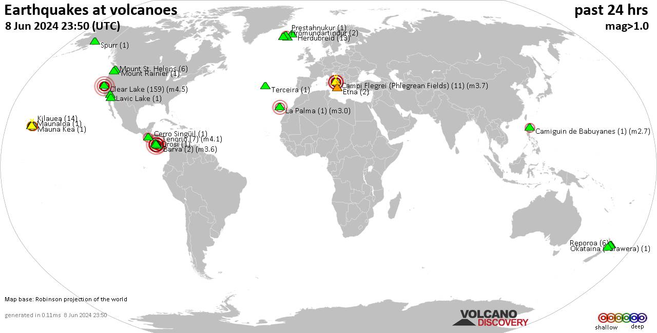 World map showing volcanoes with shallow (less than 50 km) earthquakes within 20 km radius  during the past 24 hours on  8 Jun 2024 Number in brackets indicate nr of quakes.