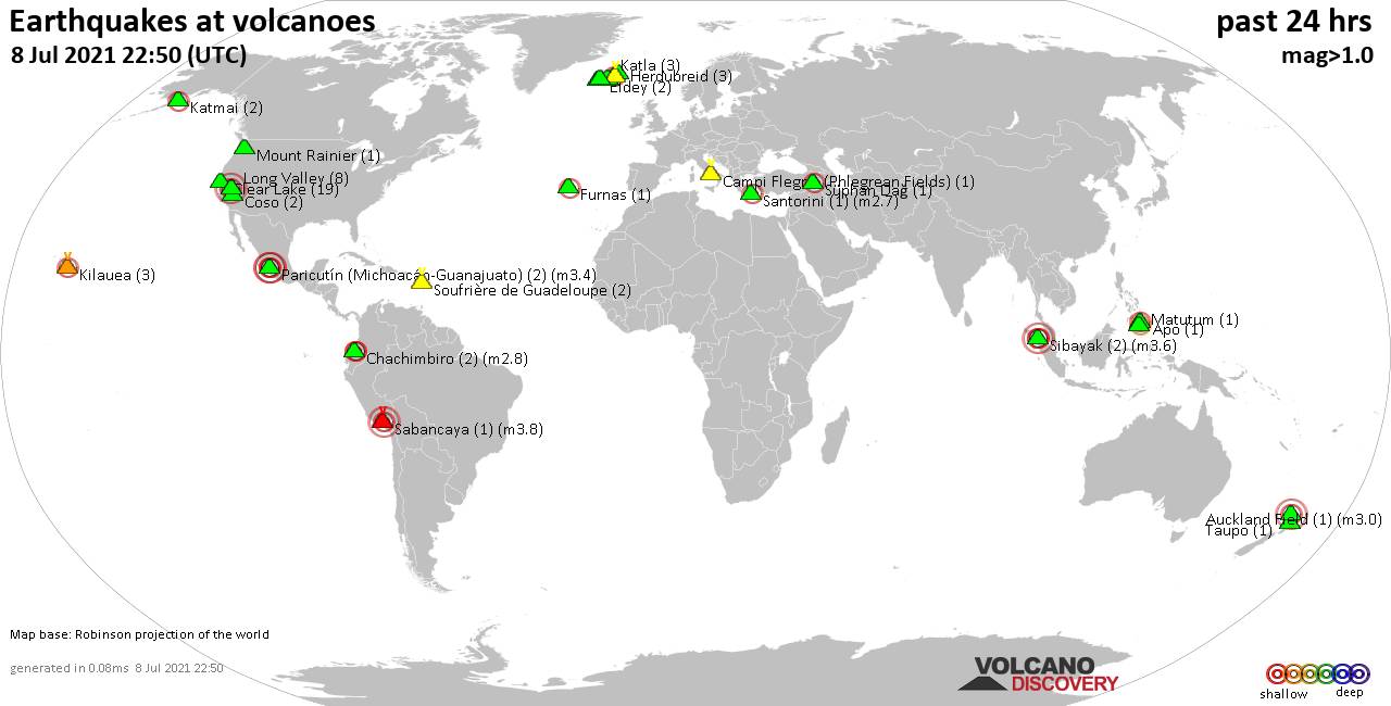 World map showing volcanoes with shallow (less than 20 km) earthquakes within 20 km radius  during the past 24 hours on  8 Jul 2021 Number in brackets indicate nr of quakes.