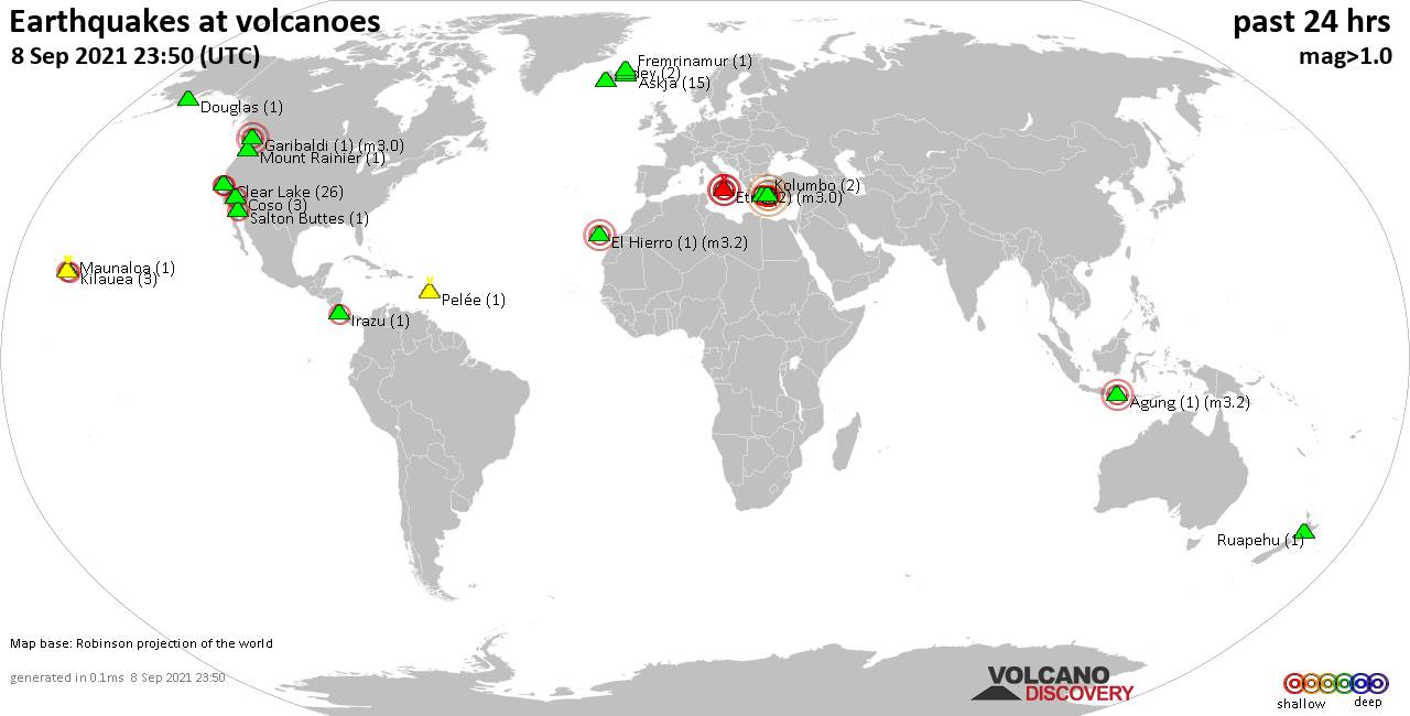 World map showing volcanoes with shallow (less than 20 km) earthquakes within 20 km radius  during the past 24 hours on  8 Sep 2021 Number in brackets indicate nr of quakes.