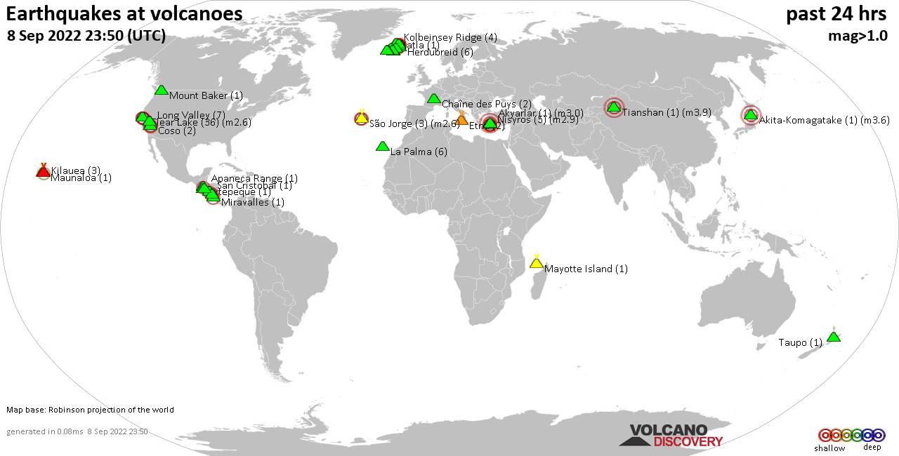 World map showing volcanoes with shallow (less than 50 km) earthquakes within 20 km radius  during the past 24 hours on  8 Sep 2022 Number in brackets indicate nr of quakes.