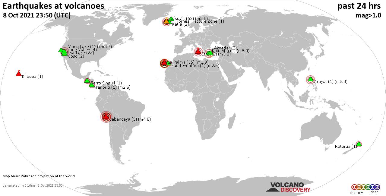 World map showing volcanoes with shallow (less than 20 km) earthquakes within 20 km radius  during the past 24 hours on  8 Oct 2021 Number in brackets indicate nr of quakes.