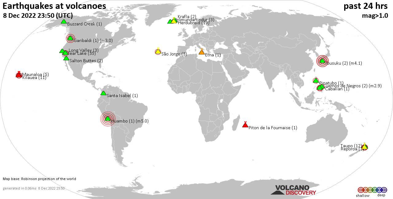 World map showing volcanoes with shallow (less than 50 km) earthquakes within 20 km radius  during the past 24 hours on  8 Dec 2022 Number in brackets indicate nr of quakes.