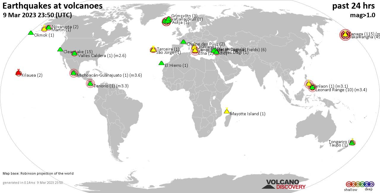 World map showing volcanoes with shallow (less than 50 km) earthquakes within 20 km radius  during the past 24 hours on  9 Mar 2023 Number in brackets indicate nr of quakes.