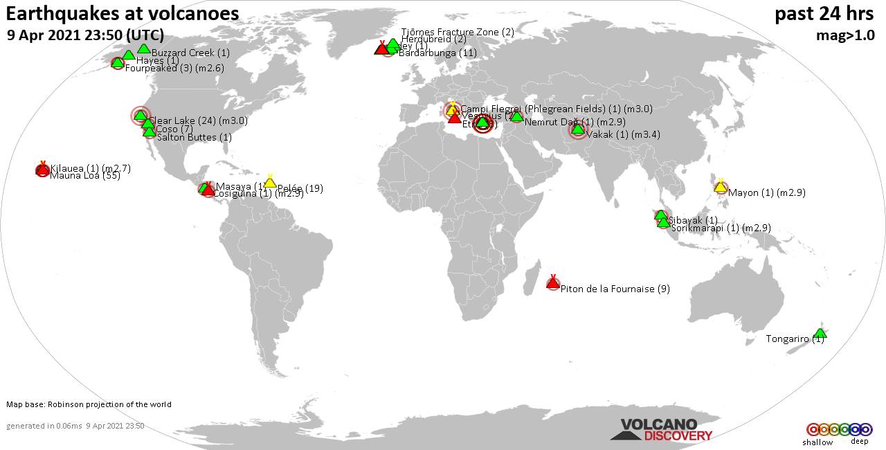 World map showing volcanoes with shallow (less than 20 km) earthquakes within 20 km radius  during the past 24 hours on  9 Apr 2021 Number in brackets indicate nr of quakes.