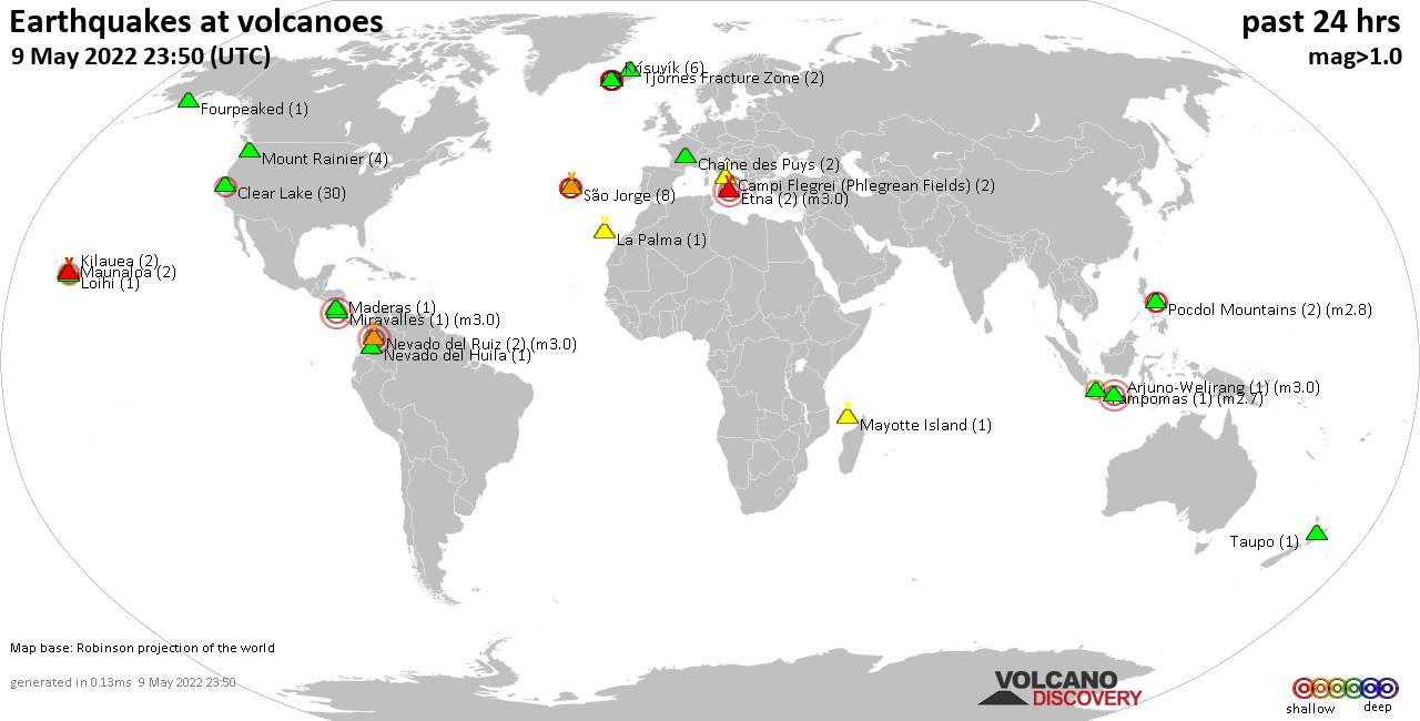 World map showing volcanoes with shallow (less than 50 km) earthquakes within 20 km radius  during the past 24 hours on  9 May 2022 Number in brackets indicate nr of quakes.