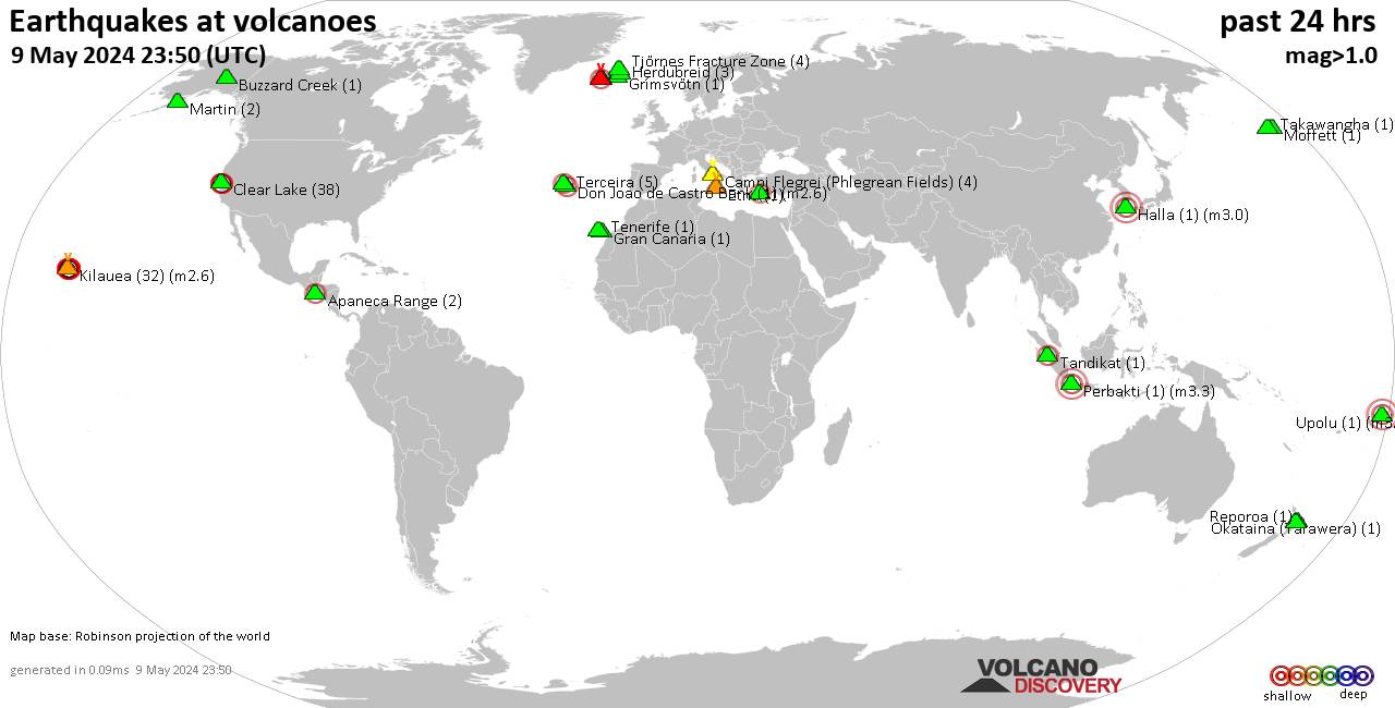 World map showing volcanoes with shallow (less than 50 km) earthquakes within 20 km radius  during the past 24 hours on  9 May 2024 Number in brackets indicate nr of quakes.