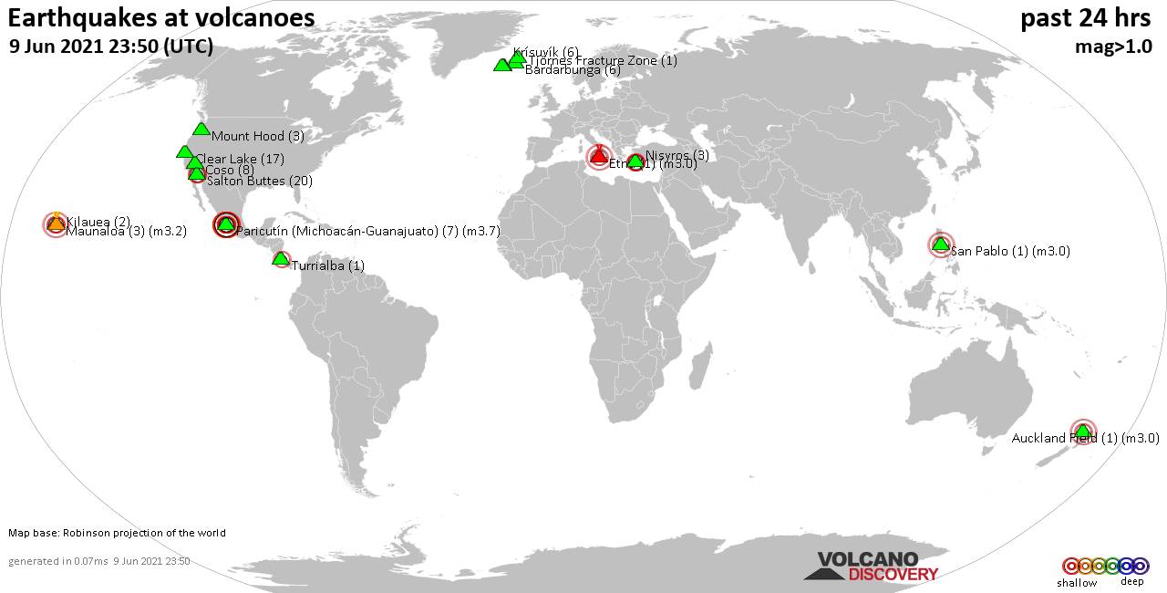 World map showing volcanoes with shallow (less than 20 km) earthquakes within 20 km radius  during the past 24 hours on  9 Jun 2021 Number in brackets indicate nr of quakes.