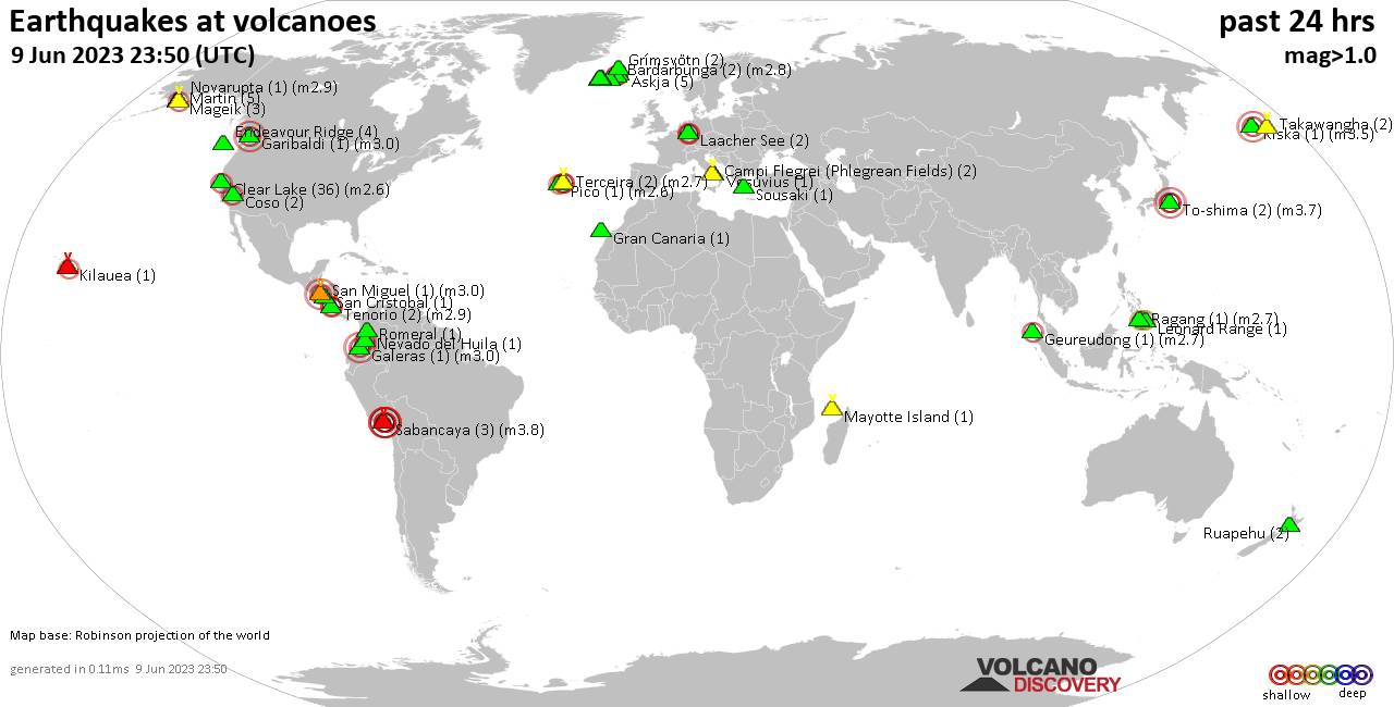 World map showing volcanoes with shallow (less than 50 km) earthquakes within 20 km radius  during the past 24 hours on  9 Jun 2023 Number in brackets indicate nr of quakes.