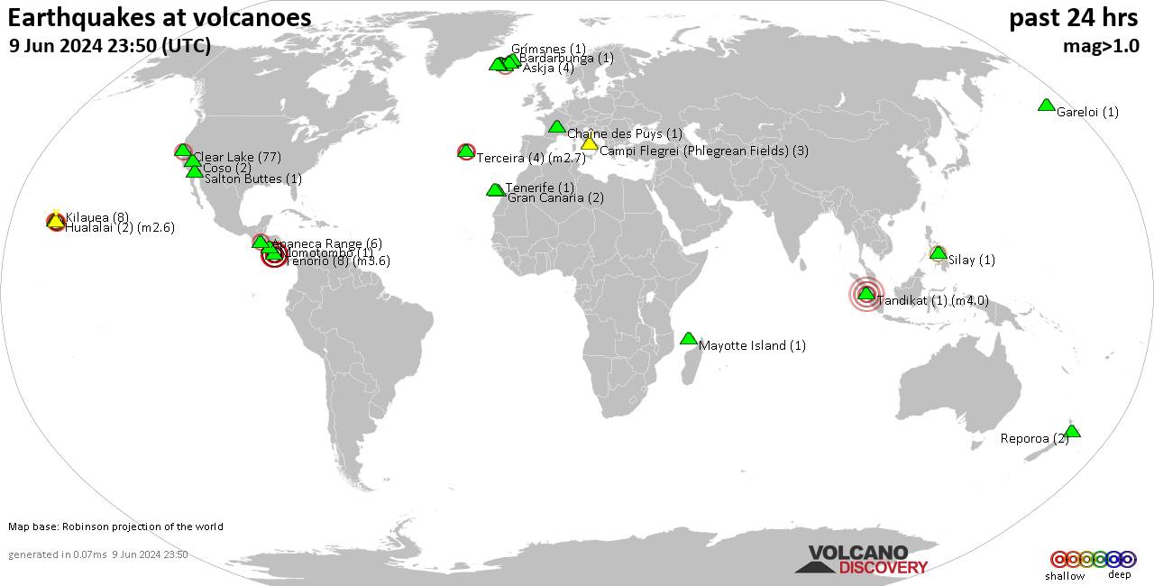 World map showing volcanoes with shallow (less than 50 km) earthquakes within 20 km radius  during the past 24 hours on  9 Jun 2024 Number in brackets indicate nr of quakes.