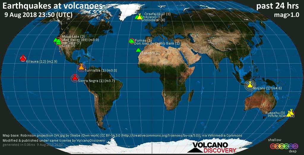World map showing volcanoes with shallow (less than 20 km) earthquakes within 20 km radius  during the past 24 hours on  9 Aug 2018 Number in brackets indicate nr of quakes.