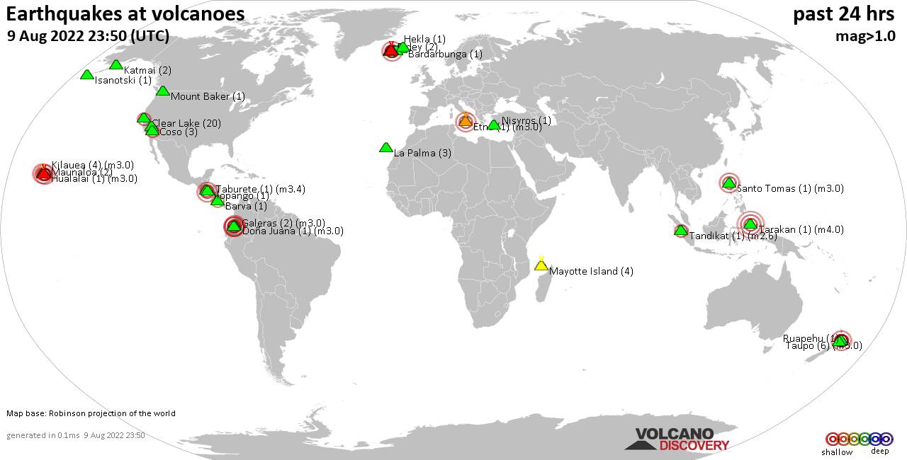 World map showing volcanoes with shallow (less than 50 km) earthquakes within 20 km radius  during the past 24 hours on  9 Aug 2022 Number in brackets indicate nr of quakes.
