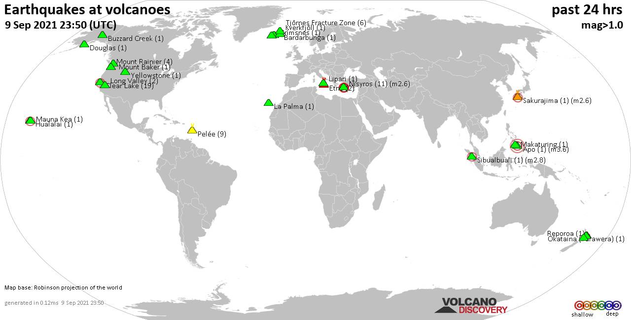 World map showing volcanoes with shallow (less than 20 km) earthquakes within 20 km radius  during the past 24 hours on  9 Sep 2021 Number in brackets indicate nr of quakes.